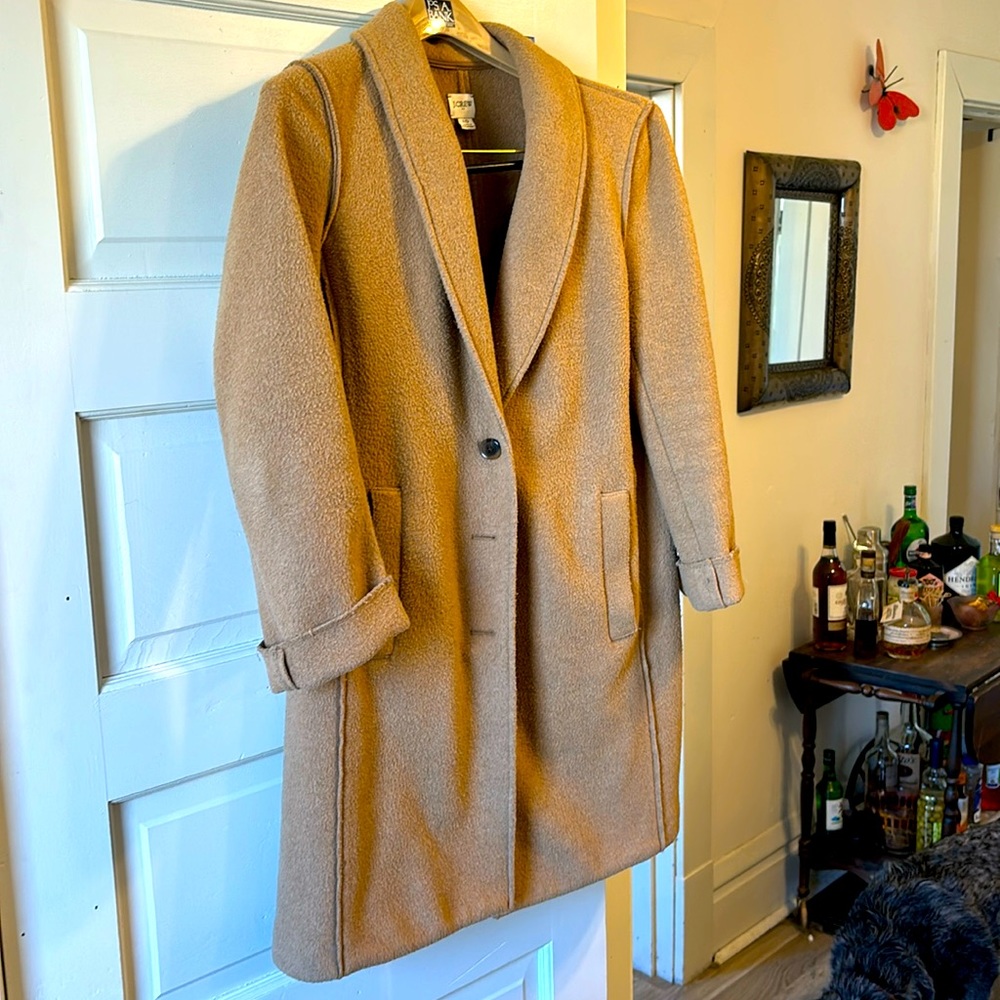J Crew tan pea coat. Thigh length.
